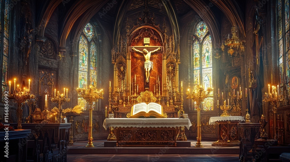 Fototapeta premium A detailed Gothic altar with a large crucifix Bible chalices and candles illuminated by natural light streaming through stained glass windows