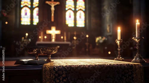 A sacred mahogany altar with a sculpted crucifix chalice and embroidered cloth dimly lit by light through stained glass windows and flickering candles