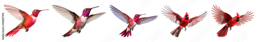Obraz premium PNG Vibrant hummingbirds in flight, isolated element set, transparent background