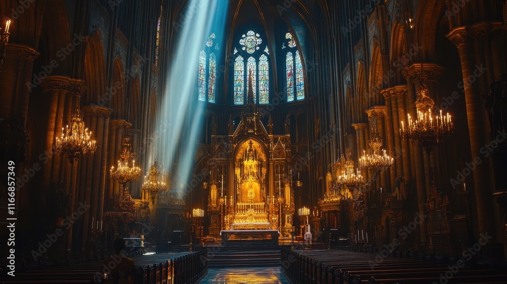 Fototapeta premium A golden beam of light converges on the altar highlighting its ornate decorations