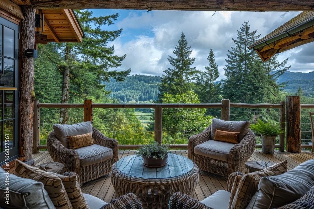 Fototapeta premium Elegant Log Cabin Deck with Stunning Views of Washington's Lake District