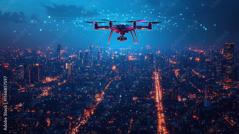 Naklejka premium Drone flying over a city with digital connections.