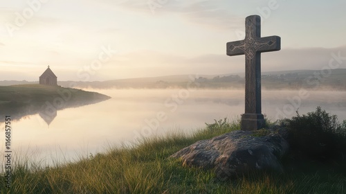 A stone cross on a hilltop mist rising from a lake at dawn creating a tranquil atmosphere