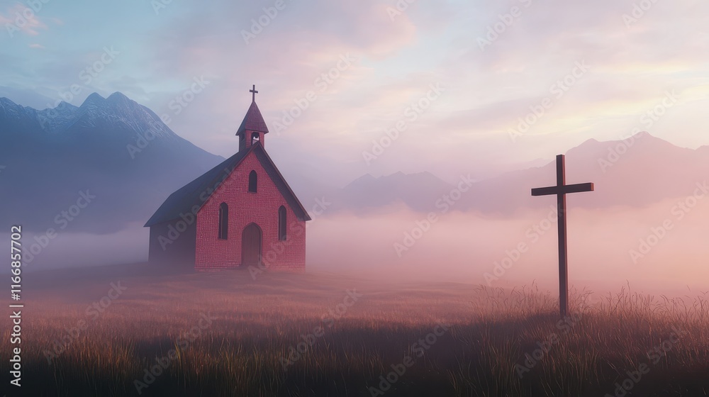 Fototapeta premium A red brick church in a foggy valley with soft dawn light casting a peaceful glow