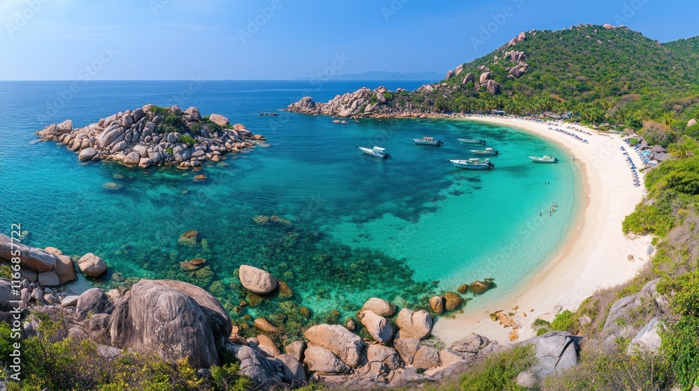 Idyllic Tropical Island Cove With Boats And Clear Water Idyllic Tropical Island Cove With Boats And Clear Water