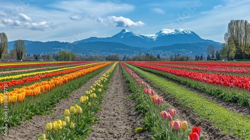 Colorful Tulip Fields Against A Mountain Background