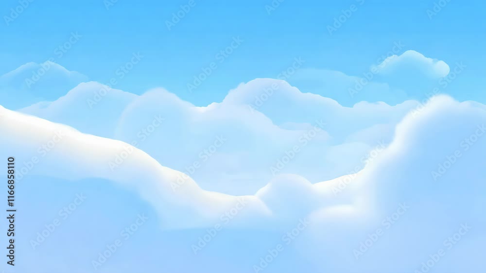 3D soft clouds flying in a light blue sky, seamless loop animation with a serene and tranquil background.