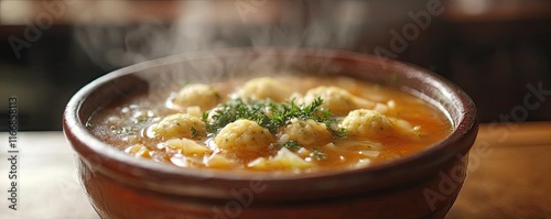 A steaming bowl of matzo ball soup, a comforting dish photo