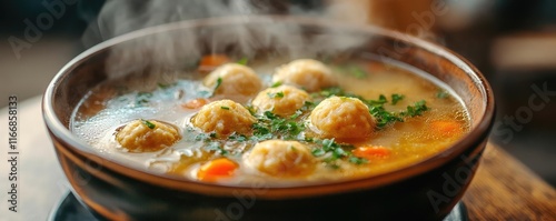 A steaming bowl of matzo ball soup, a comforting dish photo