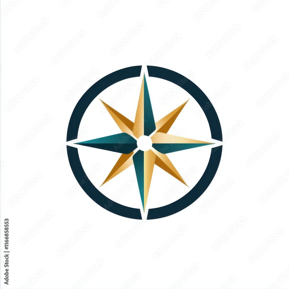 Stylized compass design featuring gold and teal colors on a white background.