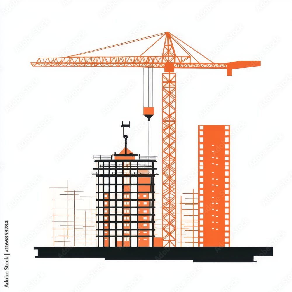 Construction site illustration featuring a crane and a partially built building in black and orange. Construction site illustration featuring a crane and a partially built building in black and orange.