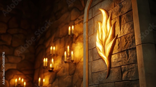 A flame symbol carved into the wall of a chapel with flickering candlelight casting soft shadows on the stone walls creating a calm feel photo