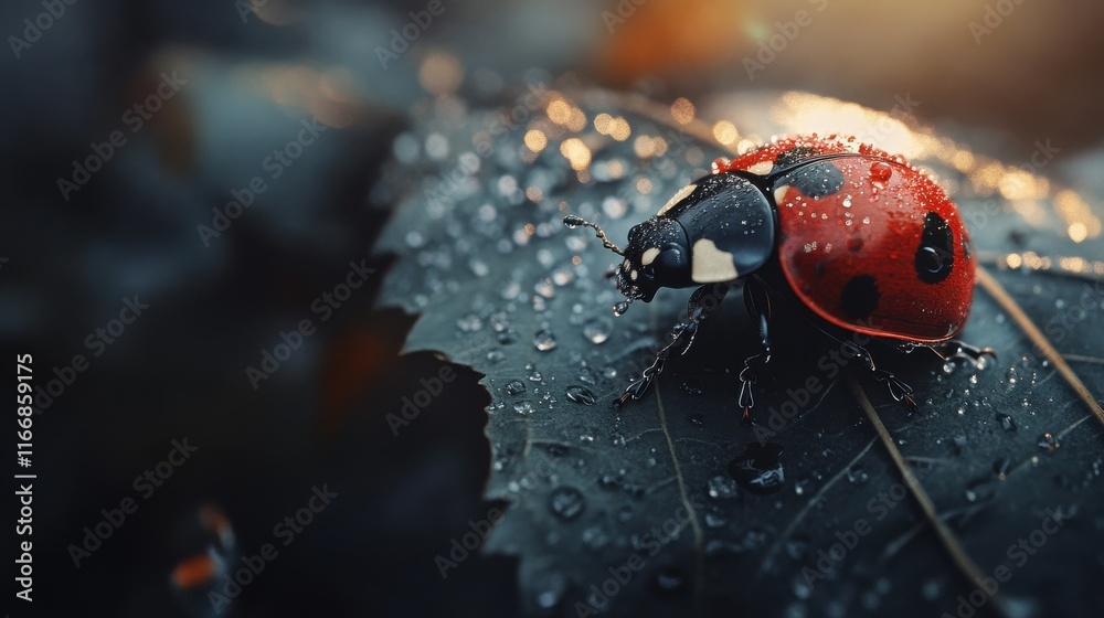 Obraz premium A close-up of a ladybug on a dewy leaf, with the droplets sparkling in the morning light and the red shell of the insect standing out.