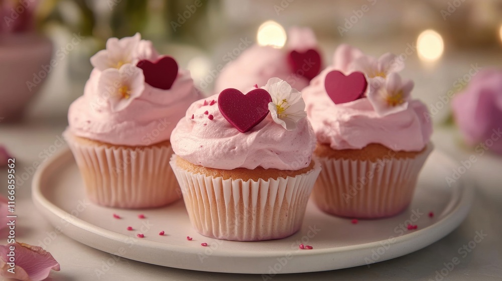 A close-up of beautifully decorated Valentine Day cupcakes topped with heart-shaped sprinkles, pink frosting, and delicate edible flowers on a white plate. A close-up of beautifully decorated Valentine Day cupcakes topped with heart-shaped sprinkles, pink frosting, and delicate edible flowers on a white plate.