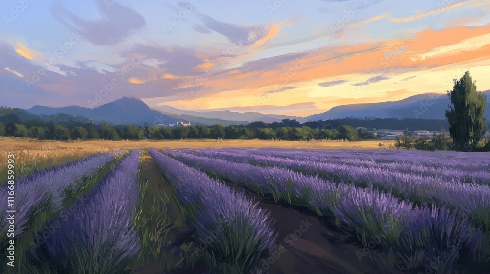 Lavender Fields Sunset Landscape Painting Artistic Impression Lavender Fields Sunset Landscape Painting Artistic Impression