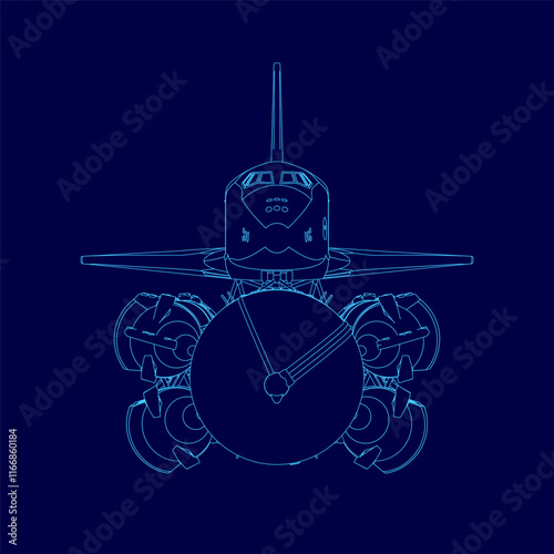 Blue drawing of a space shuttle. Front view. Vector illustration