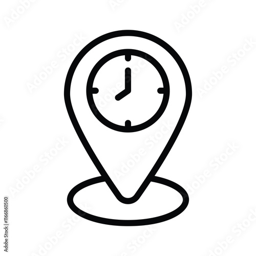 Simple icon of a location pin with a clock face superimposed