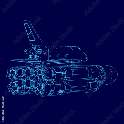 Blue drawing of a space shuttle with a rocket on top. The drawing is of a space shuttle with a rocket on top, and it is a very detailed and accurate representation of the shuttle and its rocket