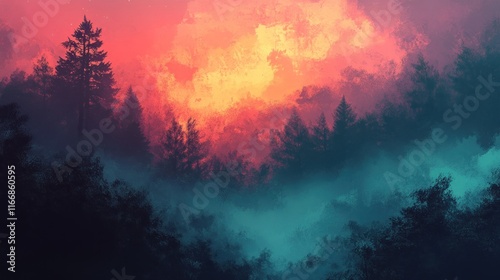 A vibrant sunset over a misty forest landscape.