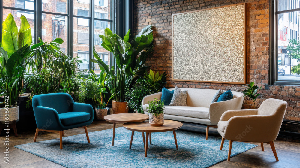 A professional photograph of a vibrant living room with modern minimalistic furniture, featuring a teal and beige color palette, soft morning light streaming through large windows A professional photograph of a vibrant living room with modern minimalistic furniture, featuring a teal and beige color palette, soft morning light streaming through large windows