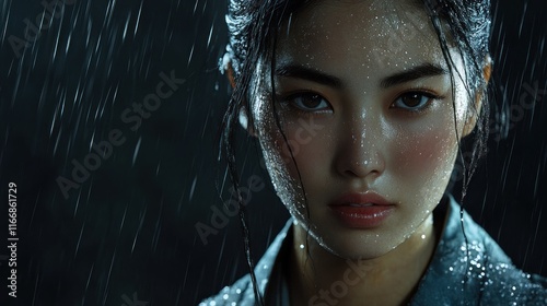 Woman in Rain Dark Background Intense Gaze photo