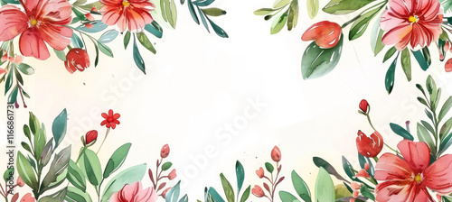 watercolor banner with beautiful flowers framed on white background leaves border framed stem branch