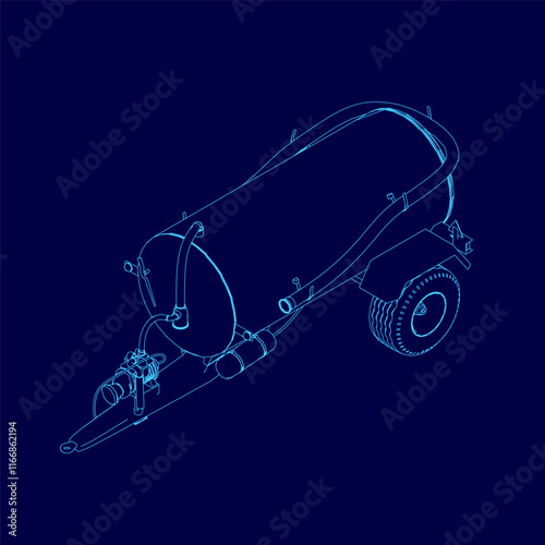 Blue drawing of a piece of equipment with a tank on it. The drawing is of a piece of equipment that is used for transporting liquids