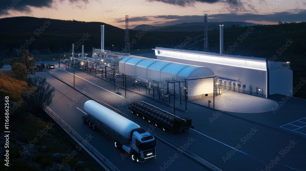 Nighttime View of Hydrogen Fuel Production Facility and Trucks