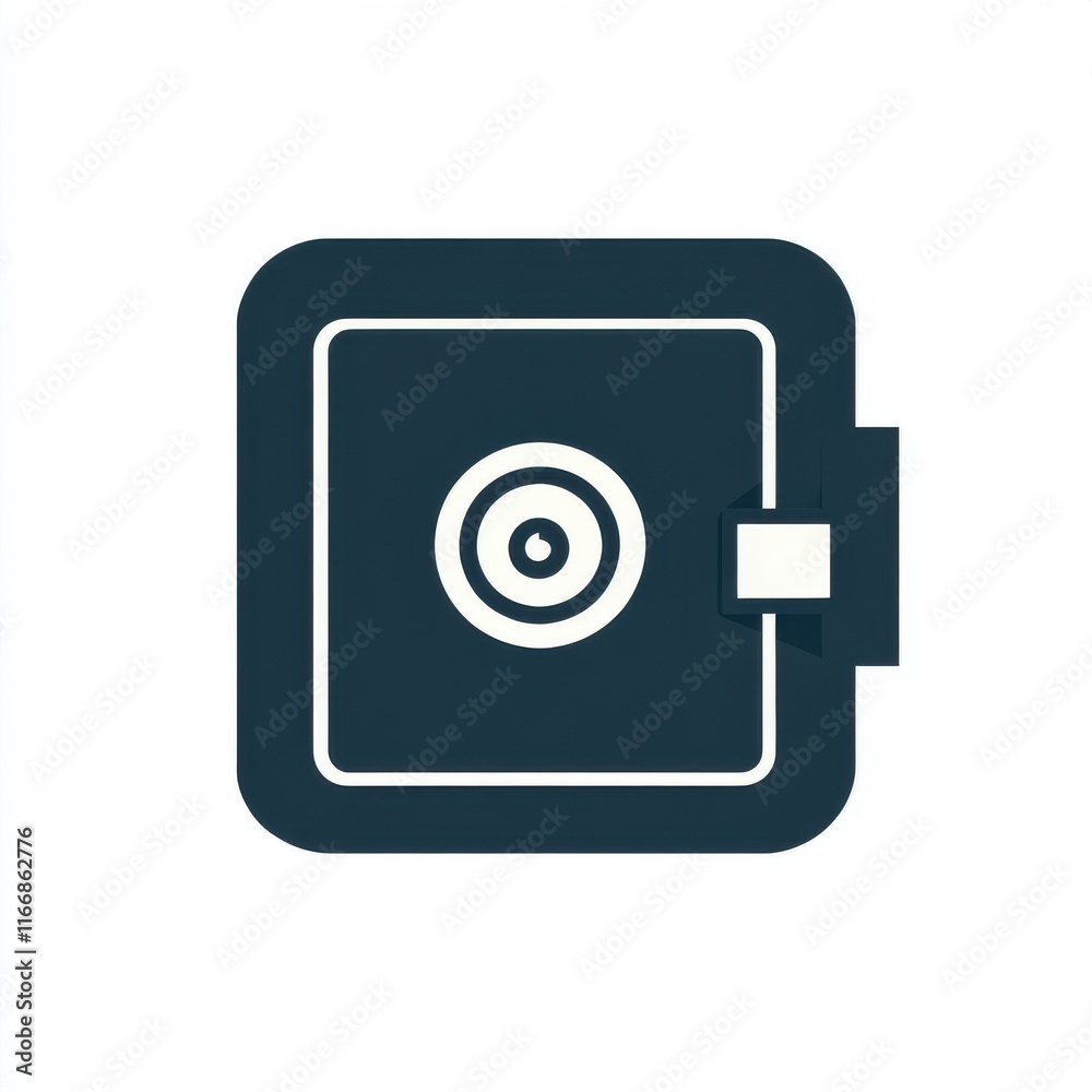 Illustration of a dark blue safe with a circular lock on a clean white background.