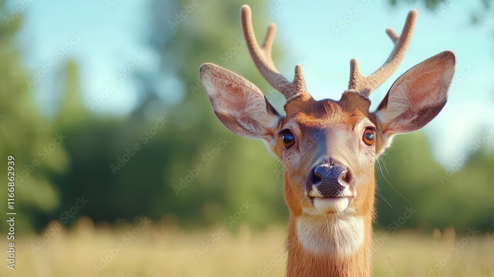 A close up of a deer with antlers standing in a field A close up of a deer with antlers standing in a field