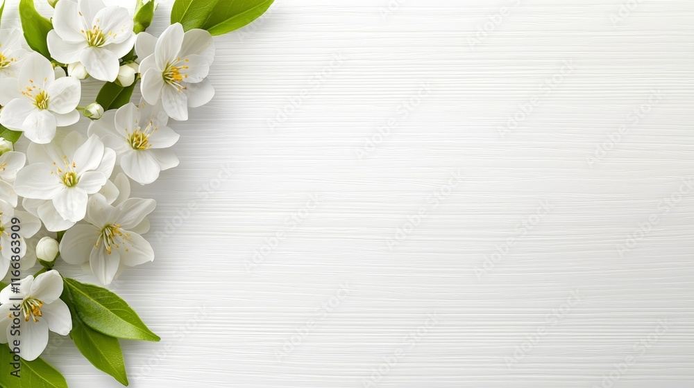 Fototapeta premium A bunch of white flowers with green leaves on a white background