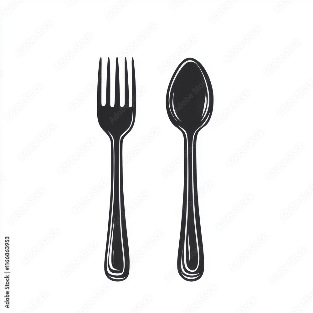 Black fork and spoon set against a white background, ideal for restaurant menus. Black fork and spoon set against a white background, ideal for restaurant menus.