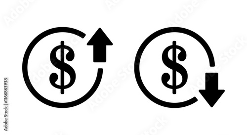 Increase and decrease dollar price icon isolated on white background. Rise and fall currency value sign symbol