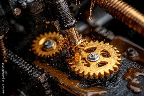 Oiling gears rotating with oil splashing, close up view