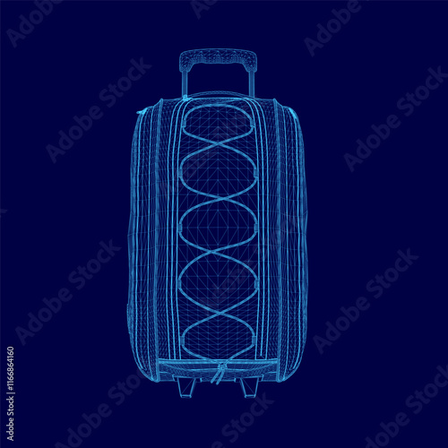 Blue suitcase with a handle is shown in a blue background. The suitcase is designed to look like a 3D model, giving it a futuristic appearance. The blue color of the suitcase