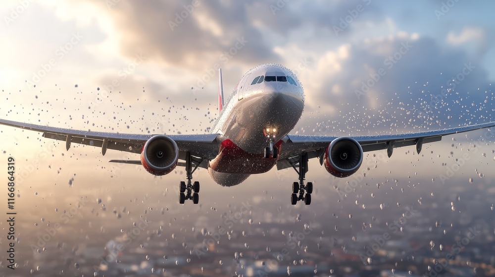 Fototapeta premium A large passenger jet flying through a cloudy sky