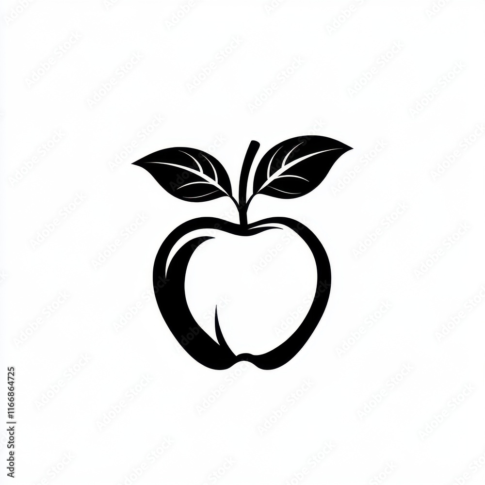 Stylized black apple silhouette with two leaves, perfect for organic or natural themes.