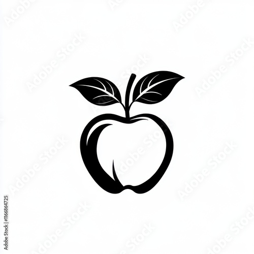 Obraz na płótnie Stylized black apple silhouette with two leaves, perfect for organic or natural themes. w salonie