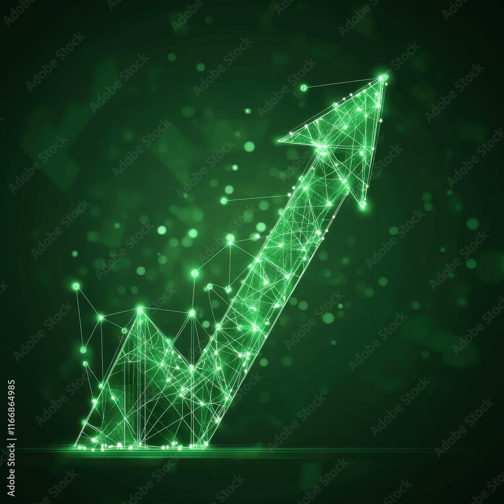 Obraz premium Abstract green geometric arrow representing growth and success on a dark background.