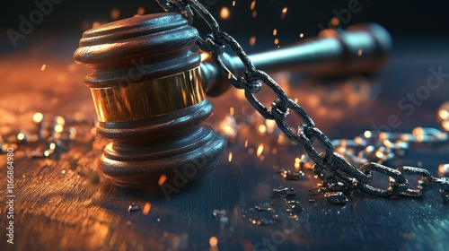 Gavel and Broken Chain Symbolizing Justice and Freedom photo