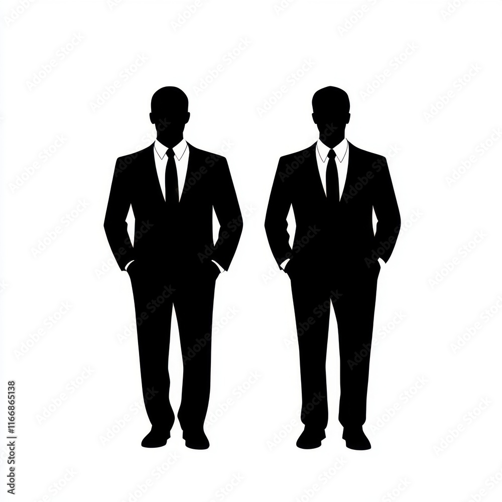 Two silhouetted men in suits, standing confidently with hands in pockets against a white background. Two silhouetted men in suits, standing confidently with hands in pockets against a white background.