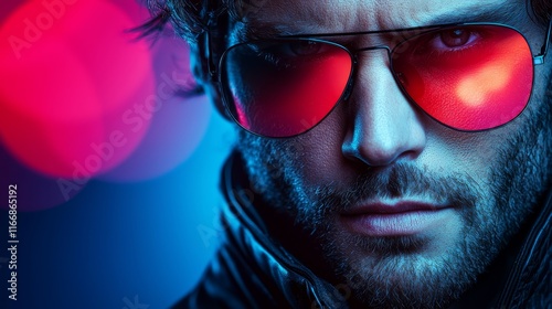 A man wearing a leather jacket and red sunglasses