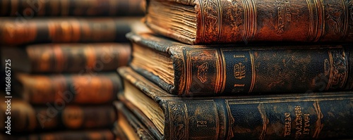 Antique books stacked with rich textures and worn covers. photo