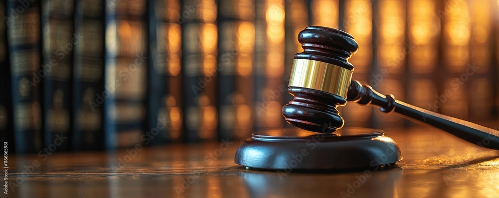 Gavel on a table with a blurred background of legal books. Gavel on a table with a blurred background of legal books.