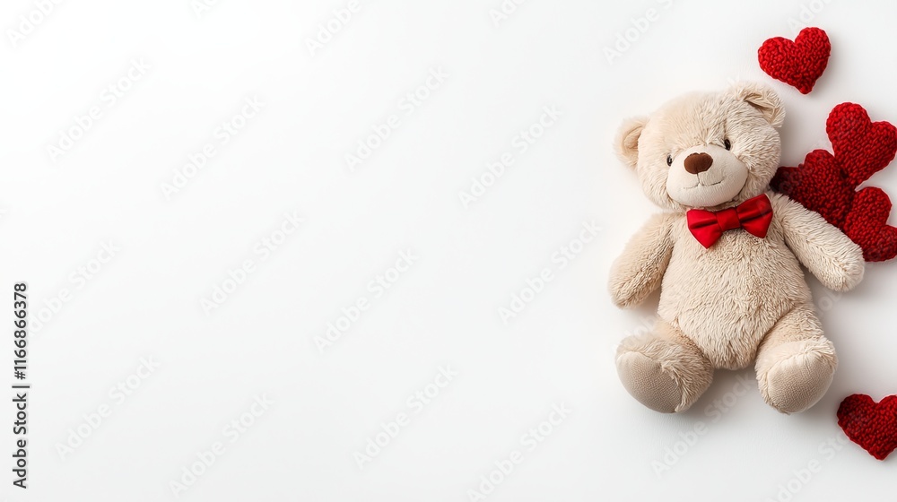 A bear with a red bow tie sitting next to red hearts A bear with a red bow tie sitting next to red hearts