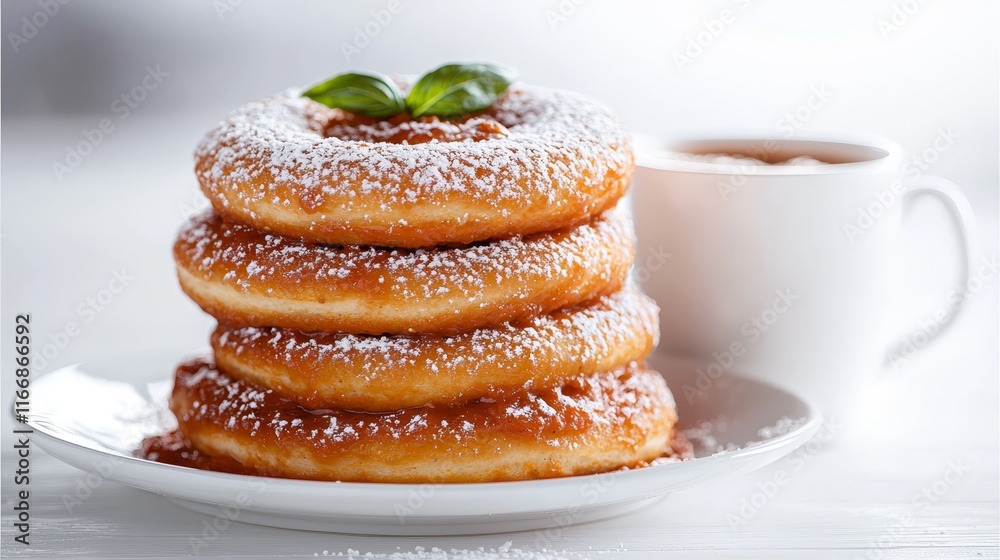 A stack of doughnuts on a plate with a cup of coffee A stack of doughnuts on a plate with a cup of coffee