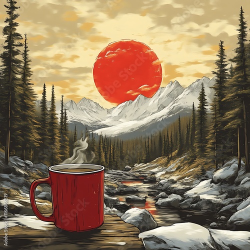Red Mug Coffee Mountain Sunrise Winter Scene photo