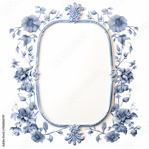 Blue Floral Frame Porcelain Design White Background Vintage Ornament Wedding Invitation Template