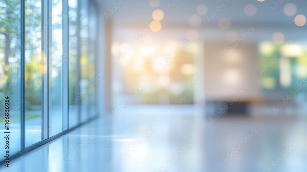 Fototapeta premium Modern business office background: blurred glass wall with blue-tinted windows in a contemporary corporate building at a business center.