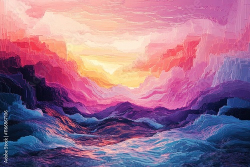 Wallpaper Mural Glitchy pixel waves flow across vibrant, nostalgic abstract landscapes., Generative AI Torontodigital.ca